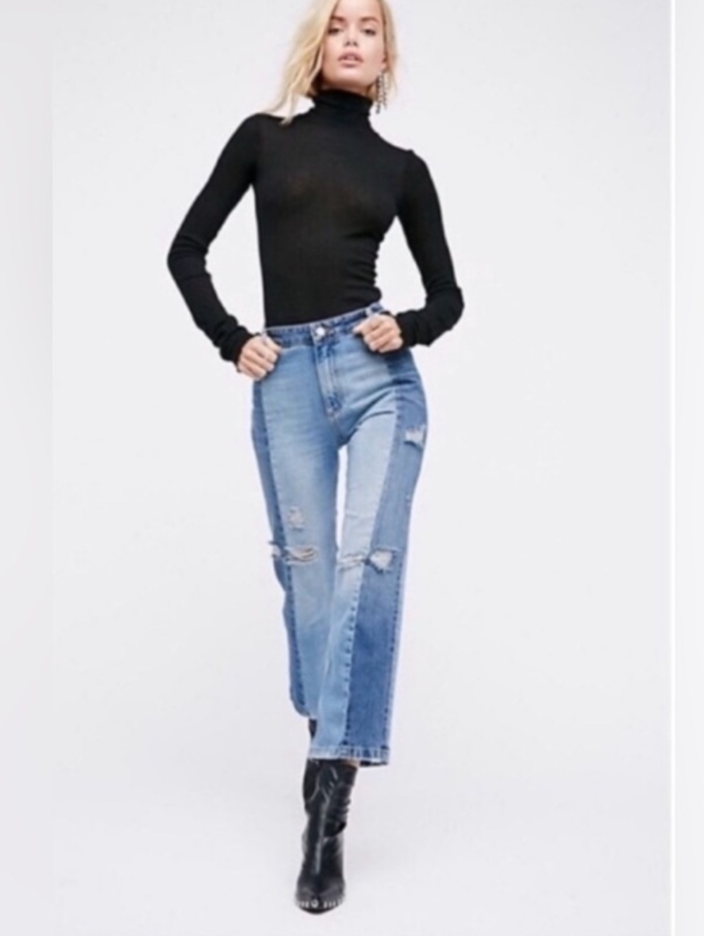 Free People Two-Tone Distressed Cropped Jeans - Light & Medium Blue